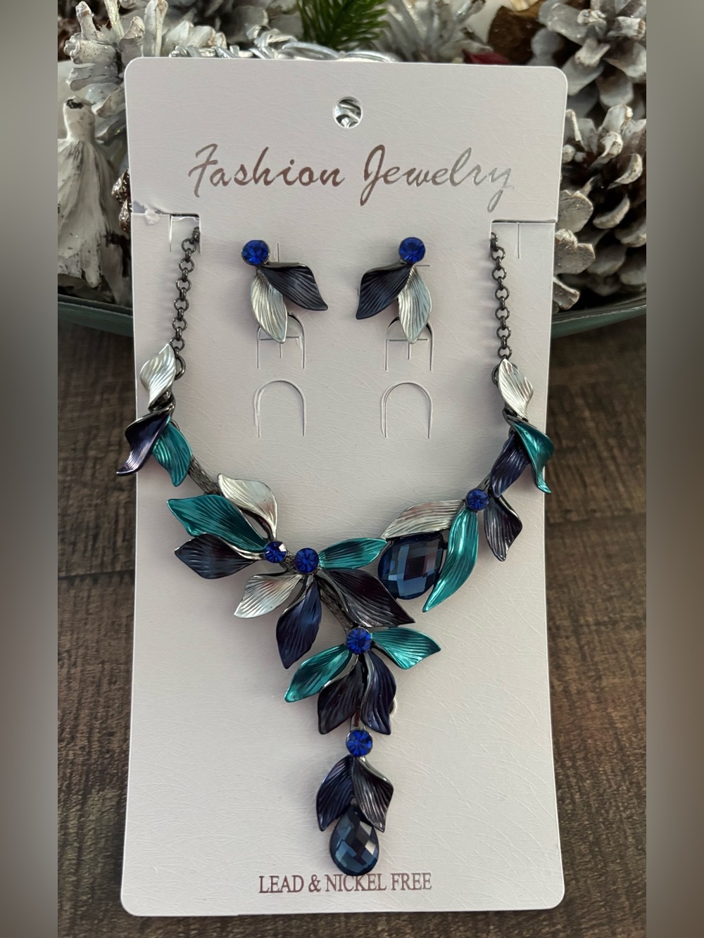 Fashion Jewelry Teal Blue Silver Leaf Statement Necklace & Earring Set